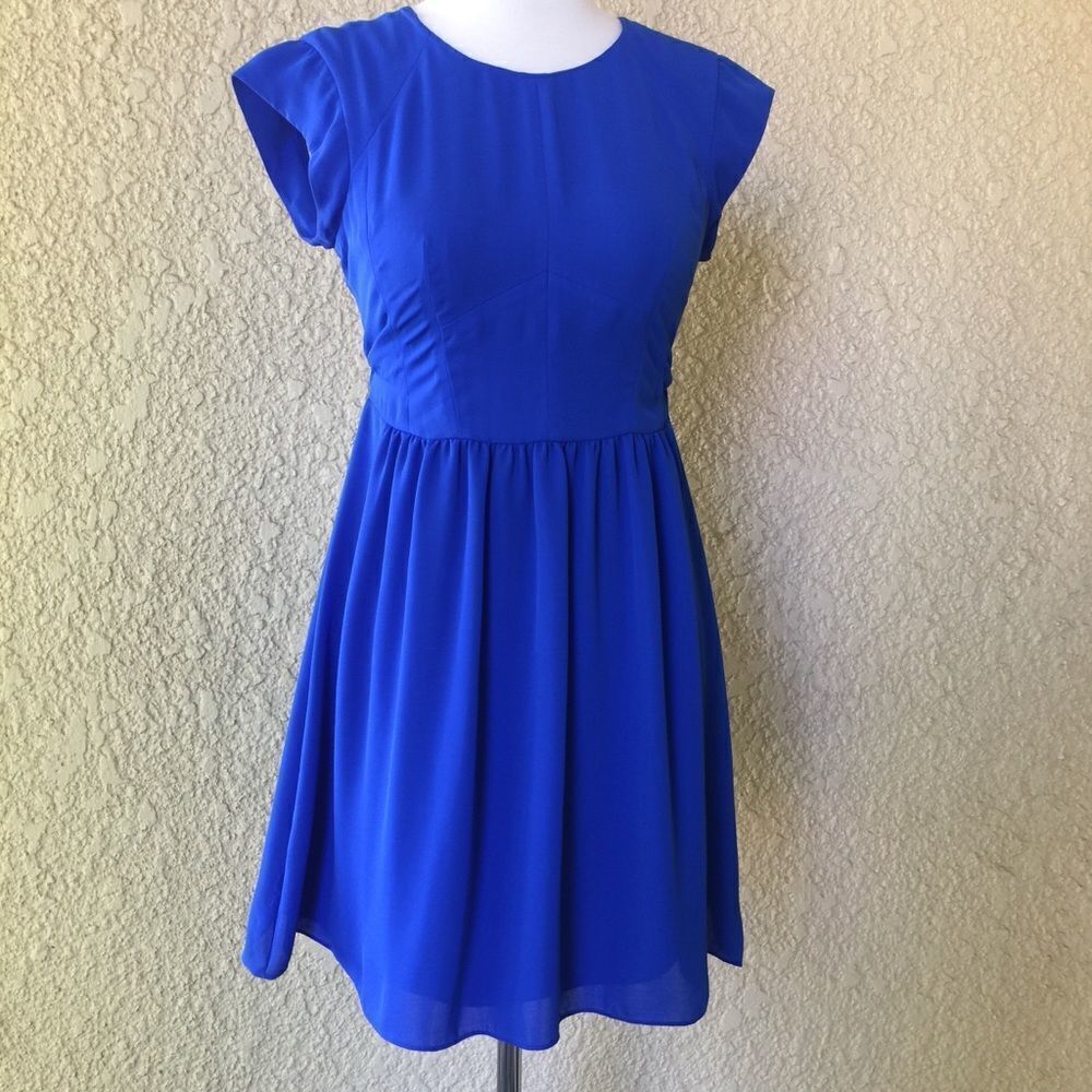 Rebecca Taylor Mini Dress Size 0 Royal Blue Fit & Flare Short Sleeve Zip Back - Picture 5 of 10